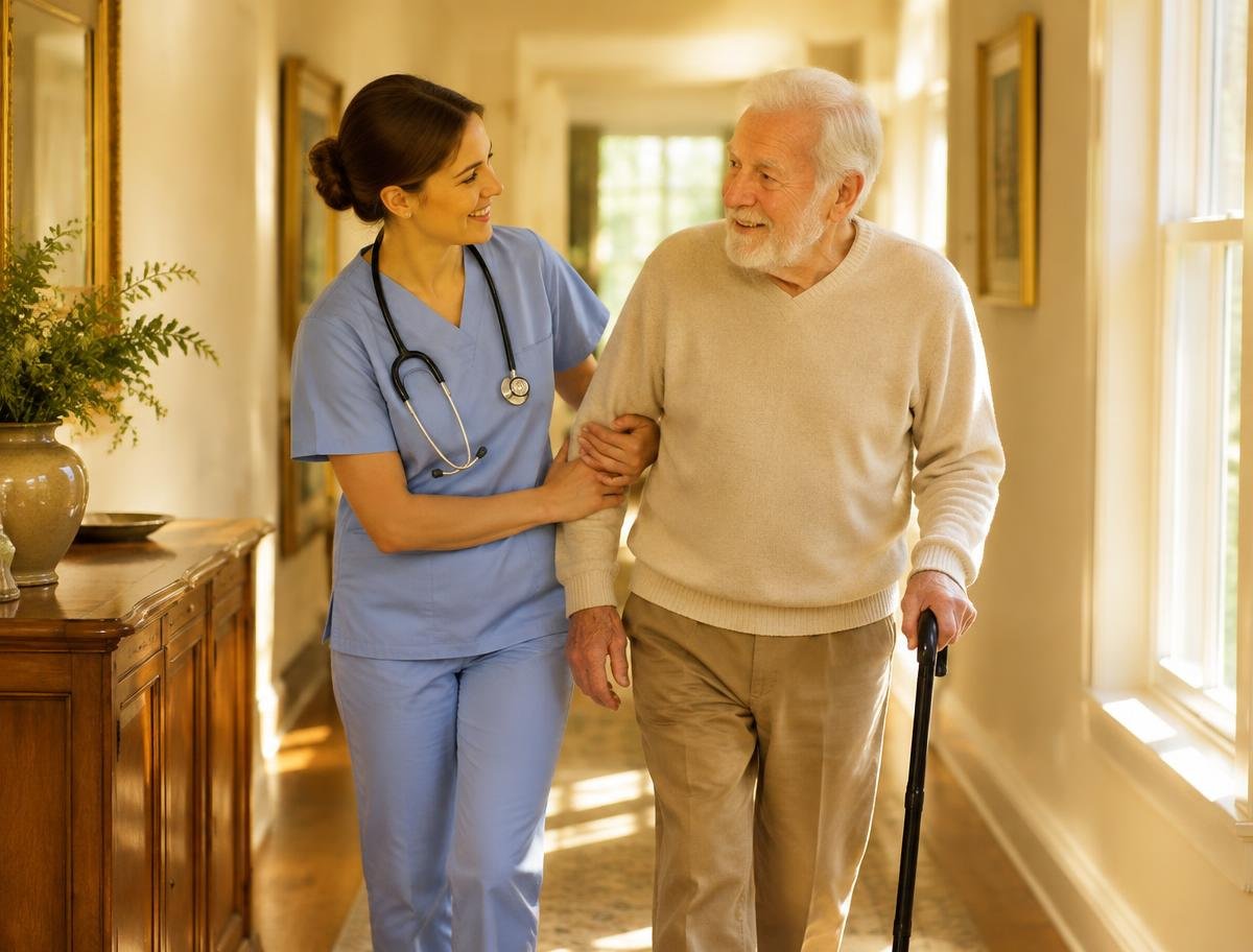 Caregiver helping an elderly man walk at home