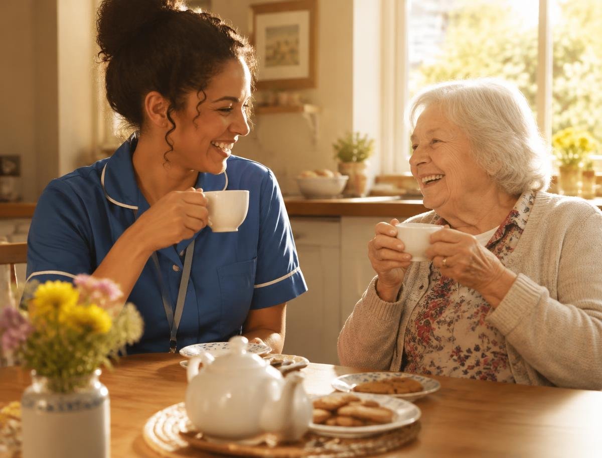 Caregiver sharing tea with a senior client